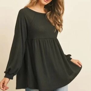 **LAST TWO** Charcoal Grey Babydoll Waffle Knit Long Sleeve Shirt